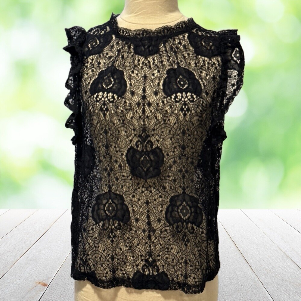 ADIVA Lace Top Sheer Black Ruffle Sleeve Victorian Gothic Witchy Fairygrunge Siz